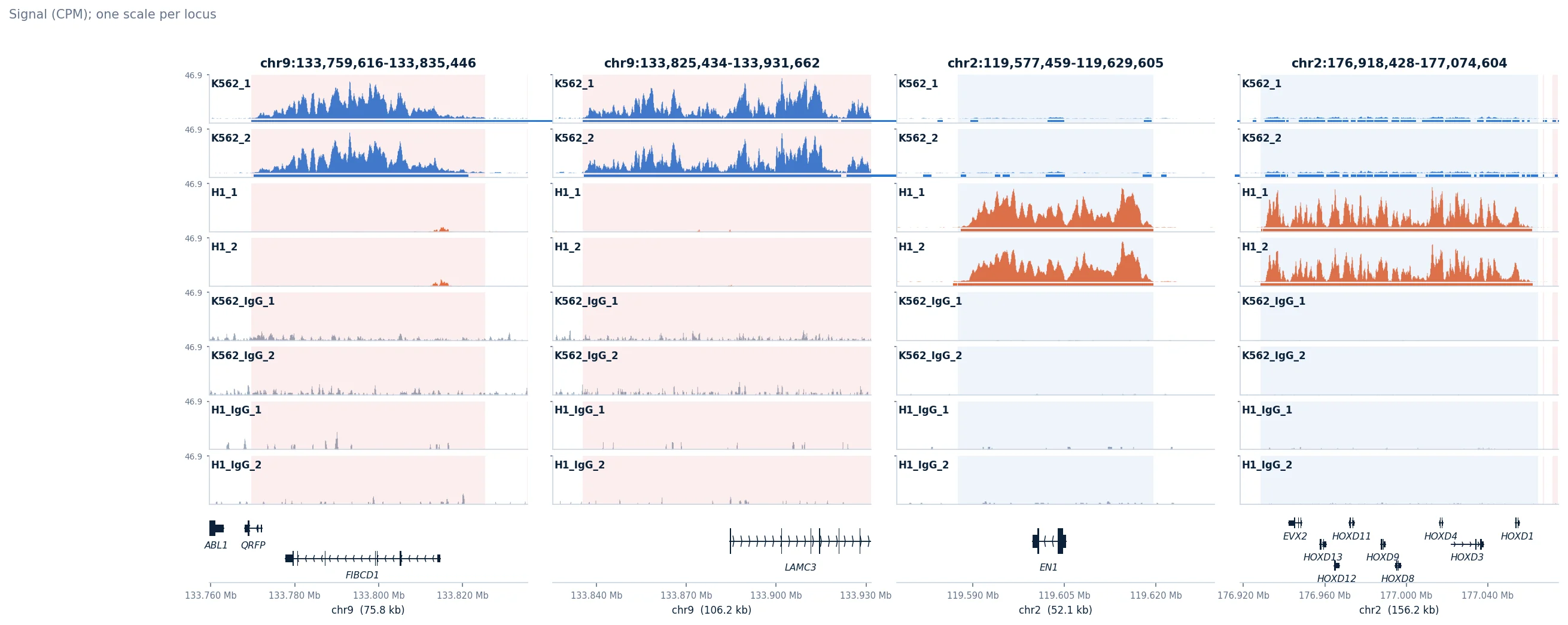 Genome Tracks of H3K27me3: broad domains in K562, the HOXD cluster and EN1 covered in H1