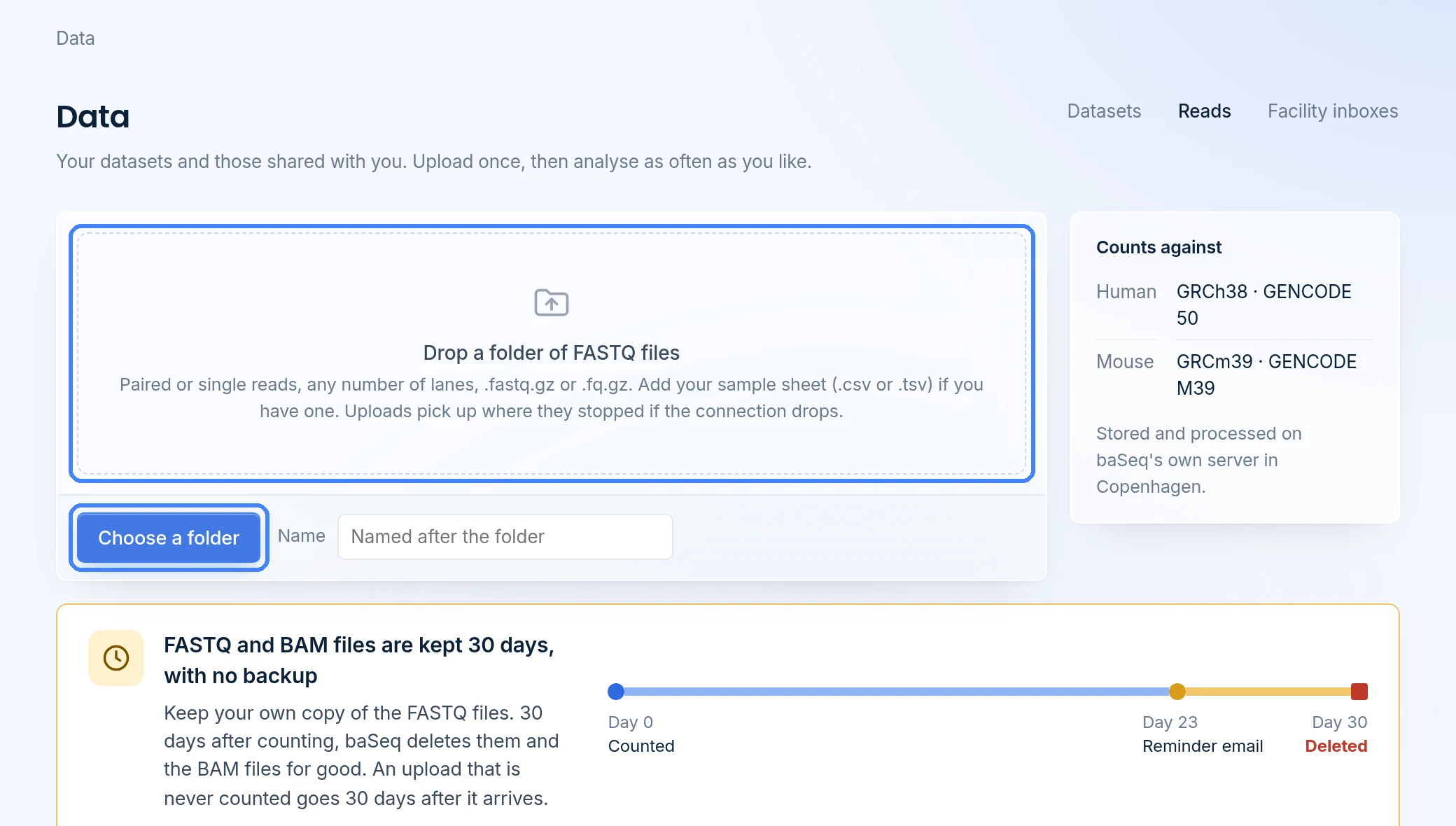 The Reads tab with the Drop a folder of FASTQ files area and the Choose a folder button outlined