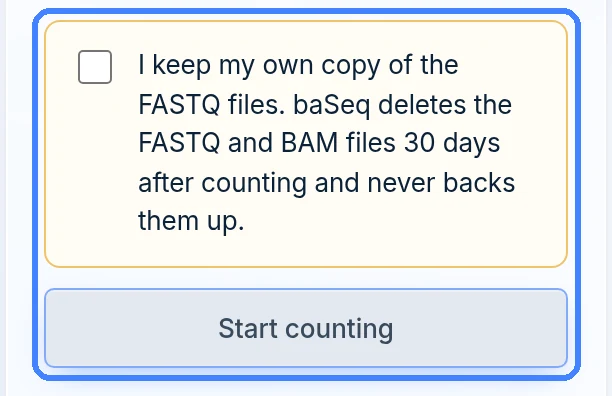 The tick box I keep my own copy of the FASTQ files, above the Start counting button